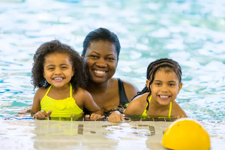 Mom and daughters in pool