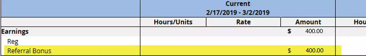 Example of paycheck with referral incentive payout