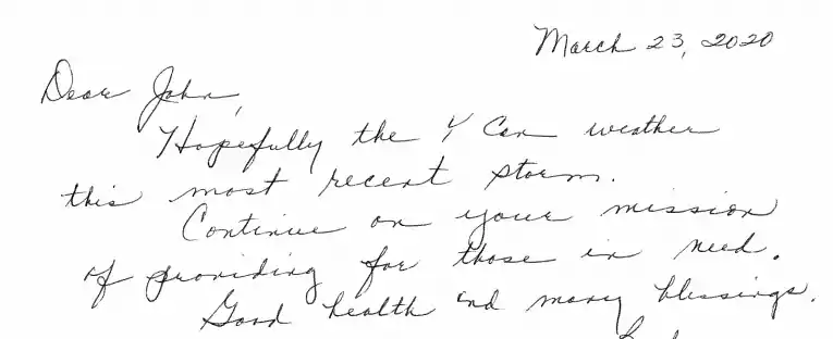 Photo of a handwritten note in support of the Y.
