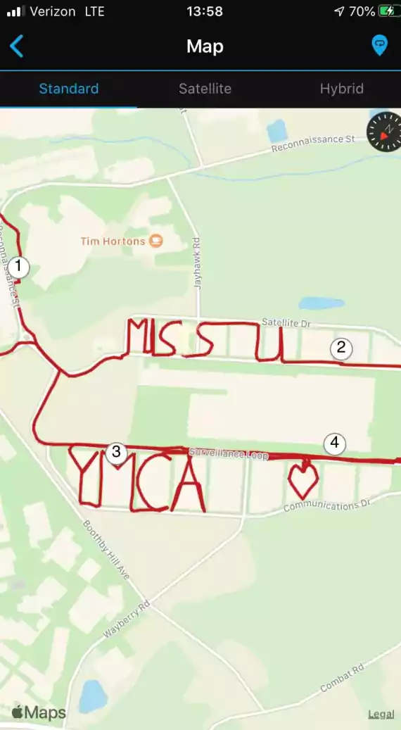 Screenshot of the words Miss U YMCA on a map
